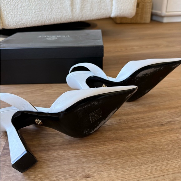 Versace White Pointed Toe Slingback Heels - Picture 5 of 9